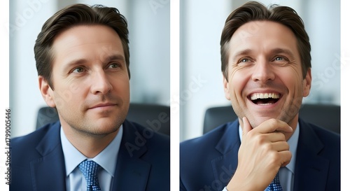 A professional man in a suit displaying contrasting expressions, one serious and the other joyful, in a corporate setting with a blurred background