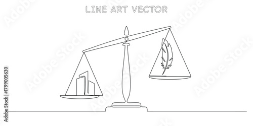 One line drawing of a justice scale weighing a feather against a modern building