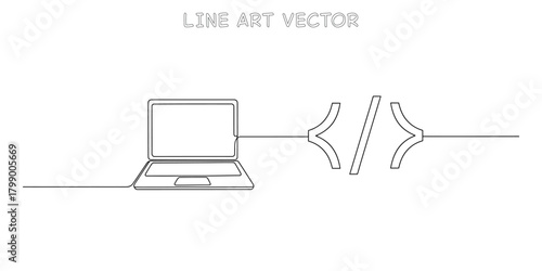 One line drawing of a laptop computer connected to a programming code symbol