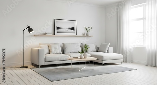 Bright living room with white walls, sofa, and minimalist decoration style