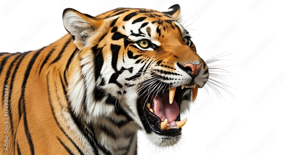 Naklejka premium Close up of a roaring tiger isolated on white background, showing its teeth