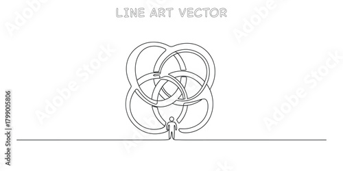 One line drawing of a person standing before a complex, interconnected abstract knot or shape
