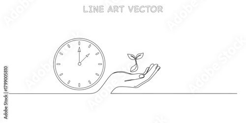 One line drawing of a clock next to a hand holding a small plant sprout