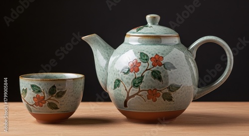 A green and white ceramic teapot with a matching cup, featuring floral designs and a dark background.