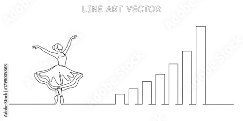 One line drawing of a ballerina dancing next to a rising bar graph