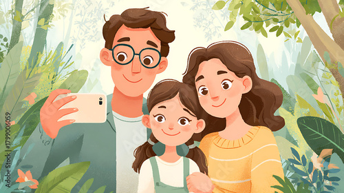 happy family spending time together father and two kids taking selfie in garden enjoying outdoor lifestyle happiness and connection