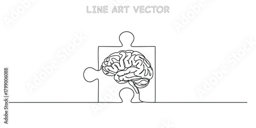 One line drawing of a human brain inside a puzzle piece symbolizing psychology and mental solutions