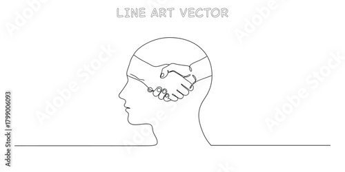 One line drawing of a human head in profile with a handshake occurring inside the mind
