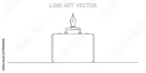 One line drawing of a business briefcase with a fountain pen nib handle representing a professional writer or contract