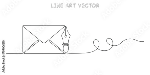Continuous one line drawing of an envelope and a classic fountain pen nib