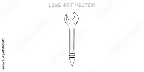 Continuous line drawing of a wrench tool with its handle turning into a sharp pencil