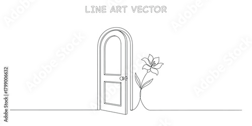 Continuous line drawing of an open door with a beautiful lily flower growing from it