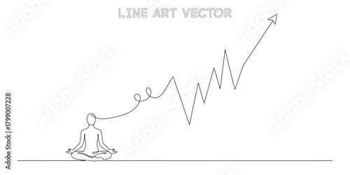 Continuous line drawing of a person in a yoga pose with a rising stock chart line emerging from their head