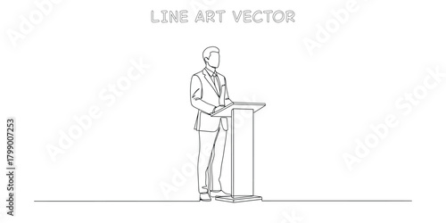 Continuous line drawing of a businessman or politician standing at a podium giving a speech