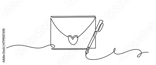 One Line Drawing of Love Letter Envelope with Pen. Romantic Minimal Art