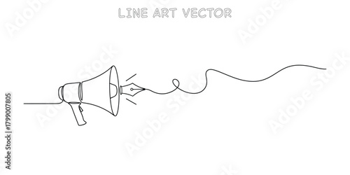 Continuous line drawing of a megaphone speaking into a fountain pen nib