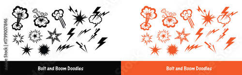 Collection of black and orange bolt and boom doodles