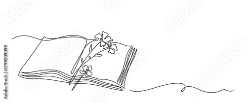 One Line Drawing of Open Book with Flowers. Romantic Minimalist Illustration
