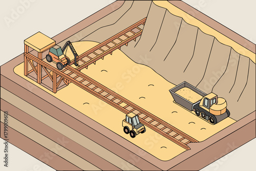 Aerial view of open-pit mine with conveyor system, ideal for energy, extraction, or industrial-themed promotions