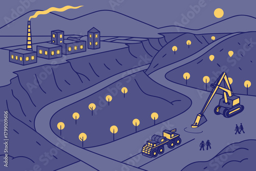 Aerial view of night mining operations with lights, ideal for energy, extraction, or industrial-themed promotions