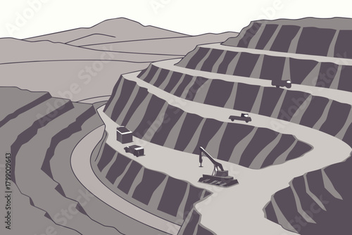 Aerial view of open-pit mine with winding roads, ideal for energy, extraction, or industrial-themed promotions