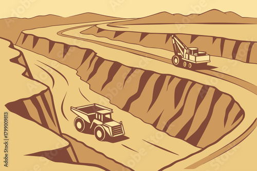 Aerial view of bulldozers in an open-pit mine, ideal for energy, extraction, or industrial-themed promotions