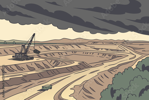 Aerial view of coal mine under storm clouds, ideal for energy, extraction, or industrial-themed promotions