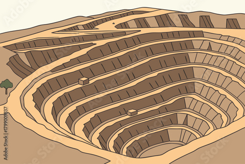 Aerial view of deep terraced pit mine, ideal for energy, extraction, or industrial-themed promotions