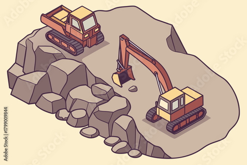 Aerial view of crushing machines breaking rock, ideal for energy, extraction, or industrial-themed promotions
