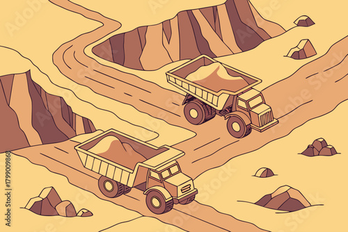 Aerial view of dump trucks hauling minerals, ideal for energy, extraction, or industrial-themed promotions