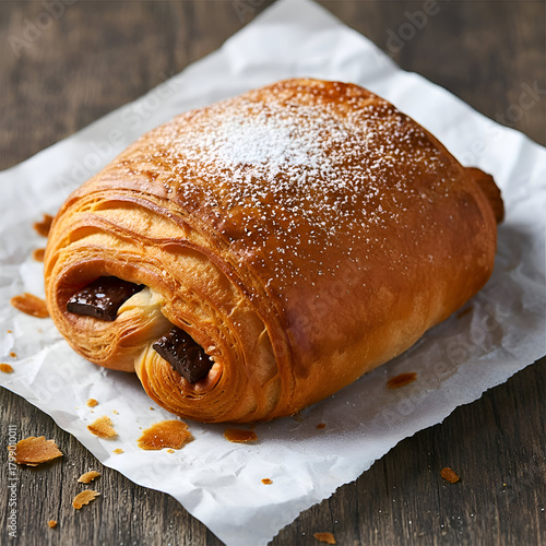 Delicious Chocolate Croissant with Powdered Sugar on Rustic Wood Background