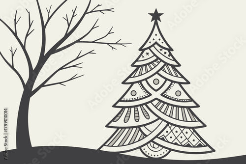 Abstract layered paper-cut style Christmas tree modern flat illustration style