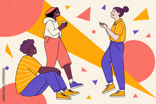 Vibe check with friends in colorful scene, modern flat illustration style