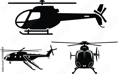 helicopter vector silhouettes,Set of black helicopter silhouette vector illustrations isolated on white background and Helicopter simple black silhouette. Isolated copter ico