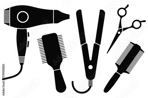 Black silhouette icons of hair styling tools