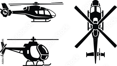 Military helicopter vector illustration in black silhouette for aircraft and transportation icons
