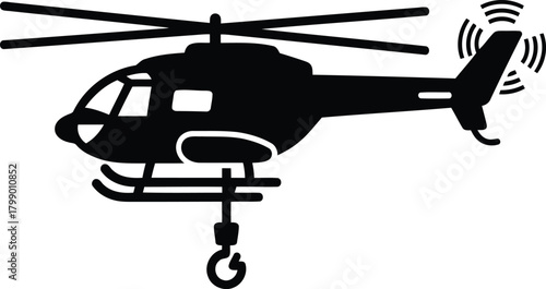A vector illustration of military aircraft transporting a set,Helicopter icon logo design and Helicopter simple black silhouette. Isolated copter icon