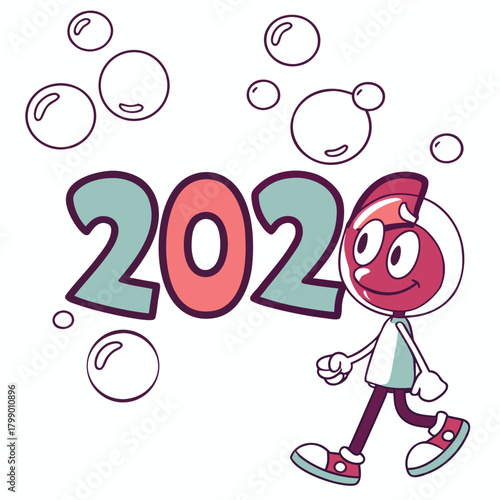 Whimsical astronaut character next to the year 2026 surrounded by bubbles isolated on, representing space exploration and dreams