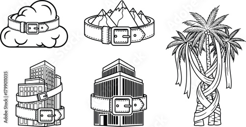 Creative conceptual vector set featuring cloud, mountains, buildings, and palm trees wrapped with belts, symbolizing restriction, limitation, control, pressure themes