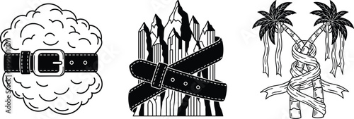 Creative conceptual illustration set featuring brain, mountains, and palm trees wrapped with belts, symbolic artwork representing restriction, control, limitation concepts