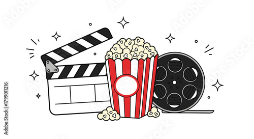 Creative movie night illustration featuring popcorn bucket, film reel, clapperboard and sparkles, perfect for cinema, entertainment, media design and digital artwork projects
