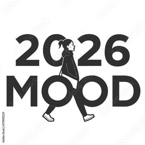 Stylish woman walking through the year 2026, embodying a confident and fashionable mood, isolated on