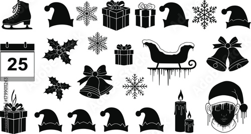 Christmas holiday silhouette icon collection featuring gifts, snowflakes, Santa hats, sleigh, holly leaves, candles, festive elements, perfect for seasonal designs
