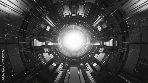 Fototapeta Naklejka Na Ścianę i Meble -  Futuristic sci fi tunnel with bright light at end