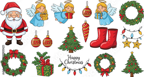 Christmas cartoon illustration bundle with Santa, angels, decorated trees, festive wreaths, ornaments, gifts, lights, and holiday celebration elements