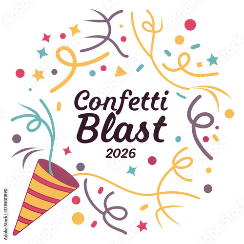 Confetti blast 2026 isolated on festive design with party popper and colorful confetti perfect for invitations, cards, and celebratory events