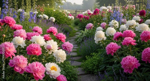 Fototapeta Naklejka Na Ścianę i Meble -  A vibrant garden with pink and white peonies, lavender, and blue delphiniums, set against a wooden fence and a stone path.