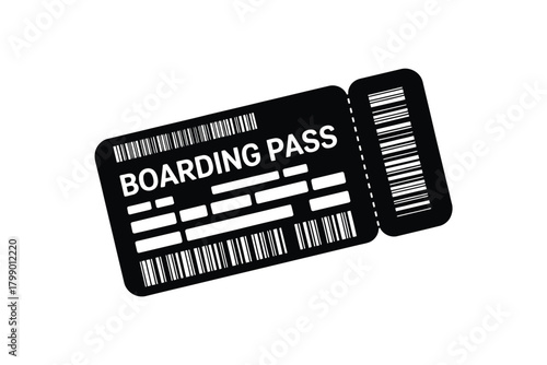 Black and white illustration of a boarding pass with barcode