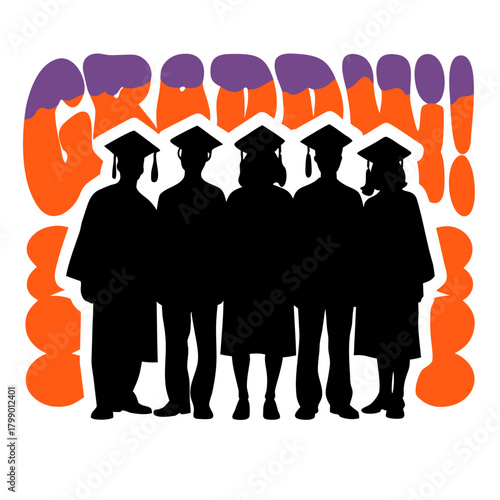 A group of graduates stand together in their caps and gowns, celebrating their achievement, with the word grads in the background isolated on