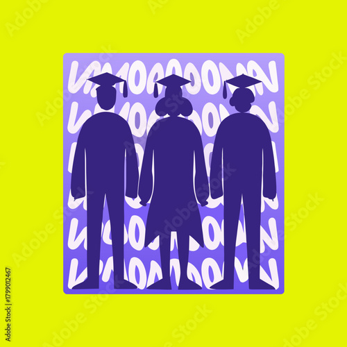 A group of graduates stand together in their caps and gowns, celebrating their achievement, with the word grads in the background isolated on